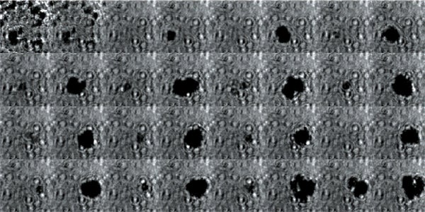 A grid of black-and-white images showing small bubbles forming and imploding.