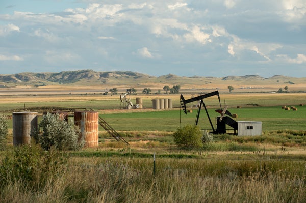 Pump jacks seen here in agricultural fields.