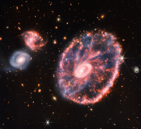 The James Webb Space Telescope's MIRI and NIRCam instruments reveal star forming regions in the Cartwheel Galaxy.