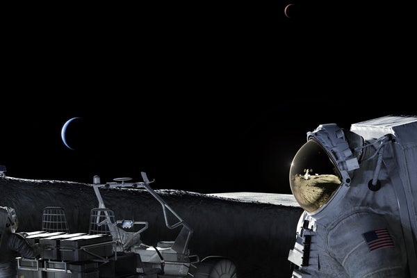 Artist's concept of a spacesuit-clad astronaut on the Moon.