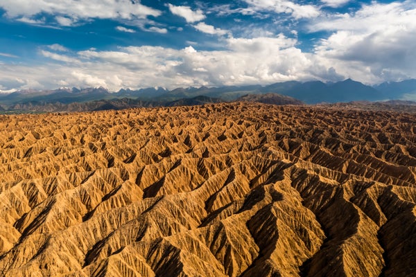An aerial view of the desert near Lake Issyk-Kul in Kyrgyzstan.