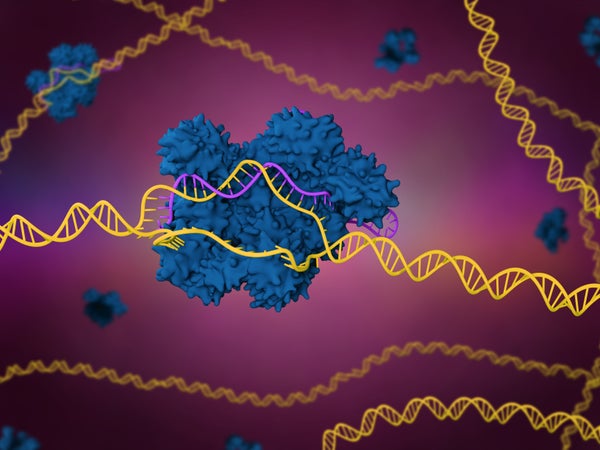 CRISPR-Cas9 - blue on burgundy background