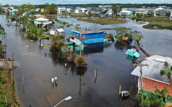 Flooded streets of small town viewed from drone