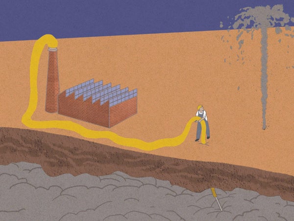 Illustration of a fossil-fuel company worker pumping oil into the ground.