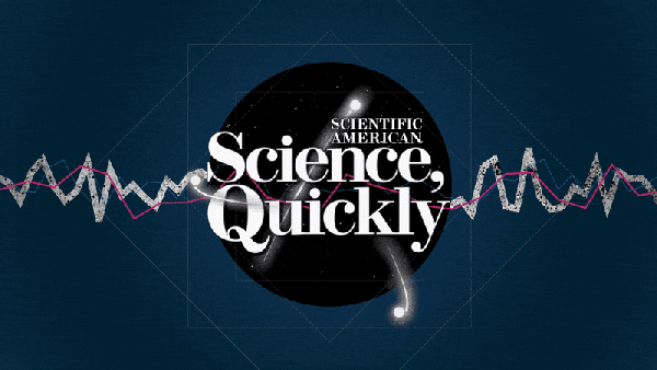Science, Quickly logo with spinning electrons on a black circle on dark blue background and pink and white sound waveforms