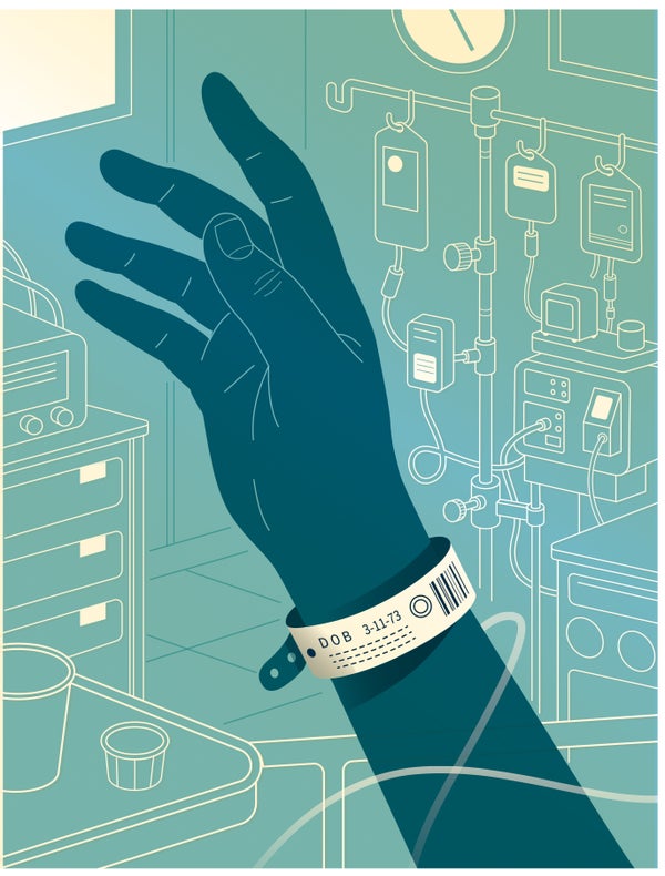 Patient's hand with hospital ID bracelet around wrist.