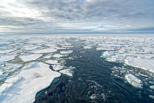 Broken pieces of Arctic sea ice north of Svalbard, Norway.