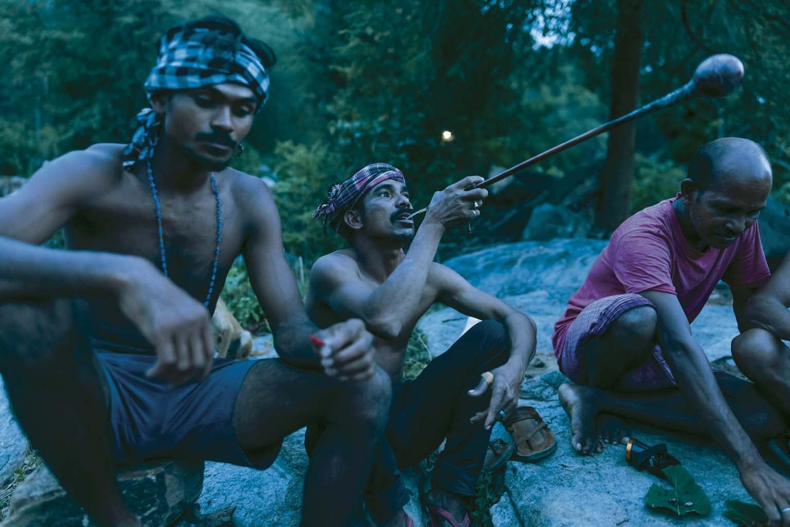 Sora men drinking palm wine in the jungle at nightfall.