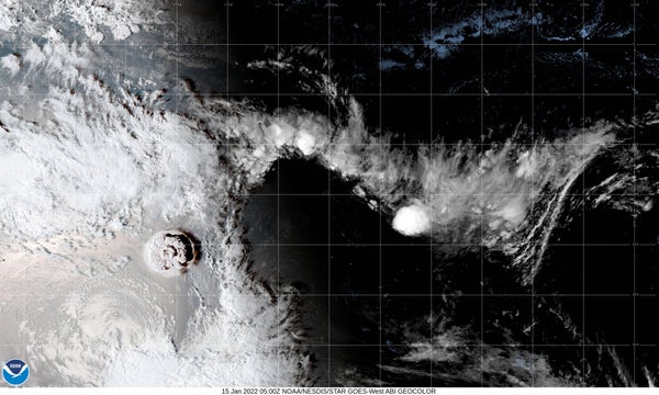 Satellite view of Tonga's Hunga Tonga-Hunga Ha'apai underwater volcano eruption