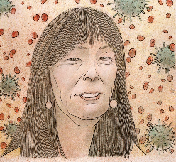 Illustration of a woman with bacteria floating behind her.