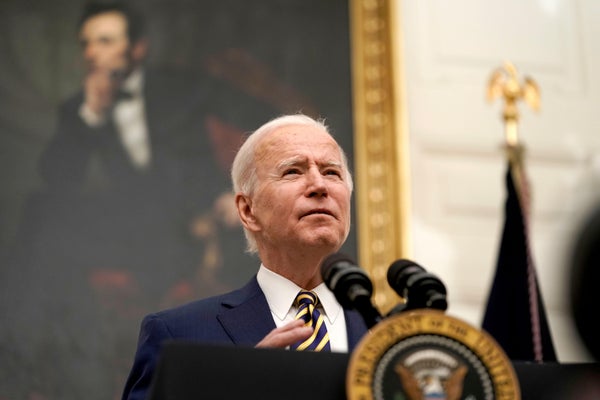 US President Joe Biden delivers remarks at the White House.