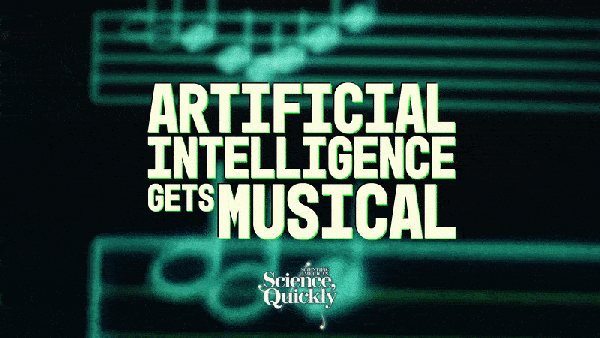 Green musical notes seen on a black background along with the words artificial intelligence gets musical