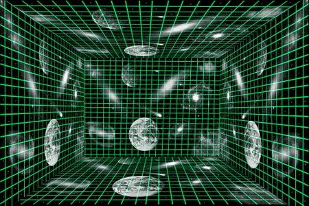 green grid with outer space scenes in 3-D shape of a square room