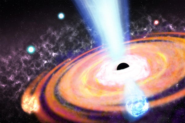 An illustration of a magnetic field generated by a supermassive black hole in the early universe, showing turbulent plasma outflows that turn gas clouds into stars.