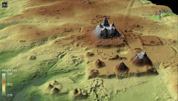 A complex of Maya pyramids in Guatemala as seen via lidar.