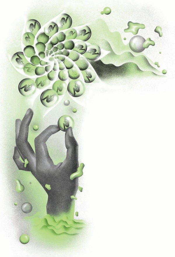 Illustration of a hand pinching water molecules, which holds humans sitting in the fetal position.