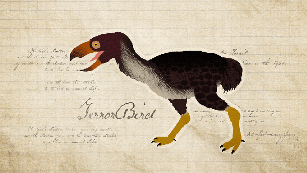An artist's impression of the terror bird, a huge, flightless bird with a beak like an ax