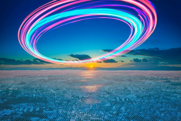 Circle hovers above an abstract cityscape.