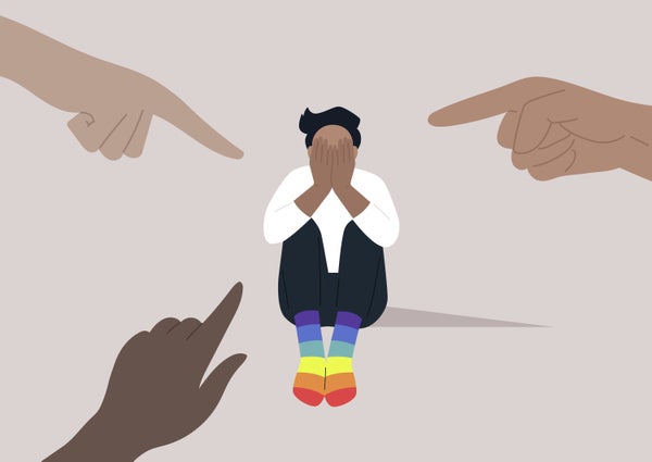 Illustration. Fingers pointing at an LGBTQ individual, highlighting the issue of homophobia within a society that is unkind and intolerant