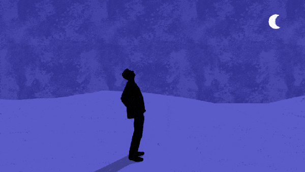 Illustration showing a figure silhouetted against a deep blue nighttime background