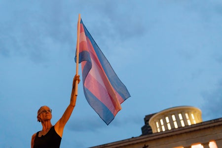 Person holding flag at dusk in front of government building