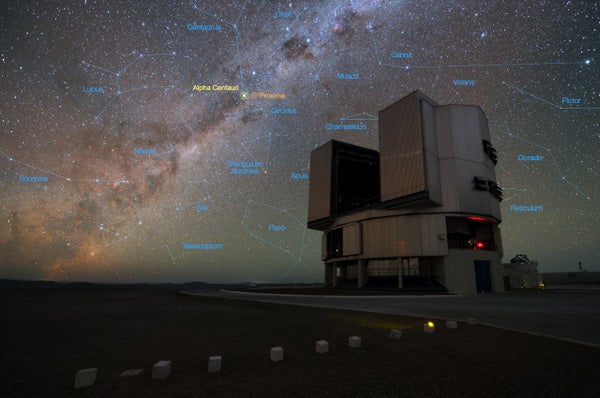 An image of Alpha Centauri rising over the VLT