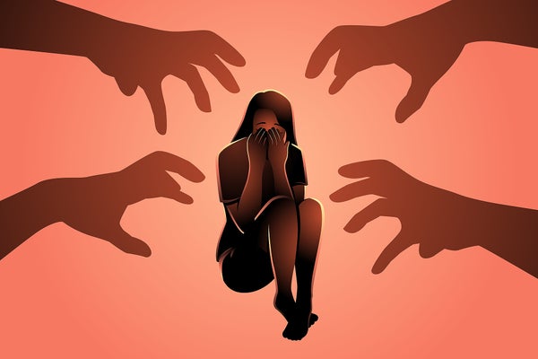 illustration of terrified young woman sit on floor with shadows of grabbing hands closing in from all sides