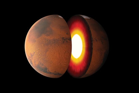 ion Cutaway illustration of the planet Mars, detailing the solid inner core and surrounding mantle.  polar ice cap is also visible on the upper portion of the planets surface.