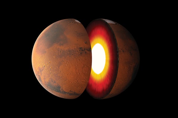 ion Cutaway illustration of the planet Mars, detailing the solid inner core and surrounding mantle.  polar ice cap is also visible on the upper portion of the planets surface.