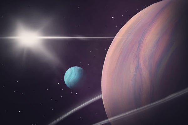 Illustration of small blue exomoon orbiting a large red planet.