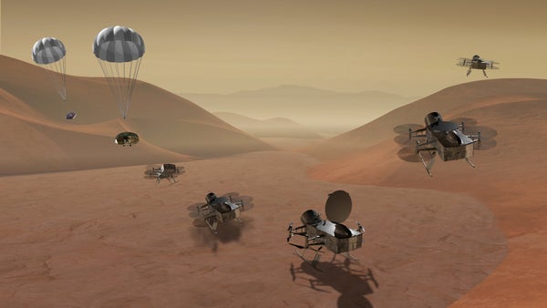 An artist's rendering of Dragonfly, a proposed spacecraft to explore Titan
