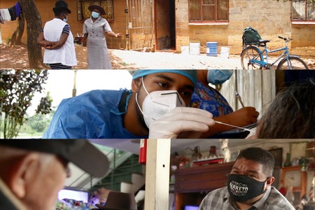 A collage of rural healthcare workers talking to and caring for patients