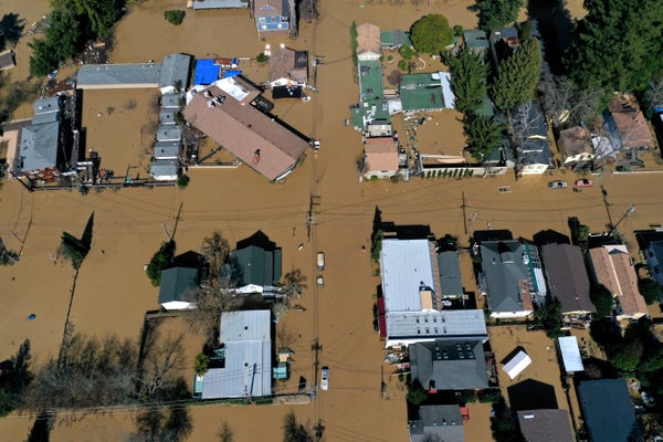An aerial view a flooded neighborhood on February 28, 2019 in Guerneville, California.