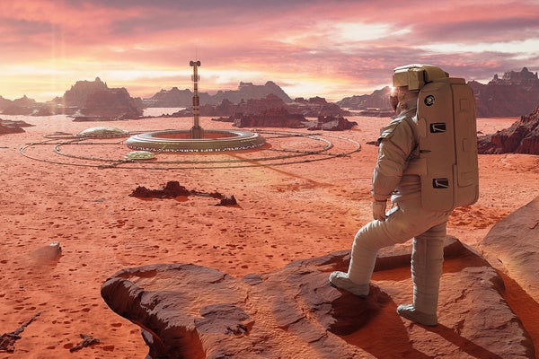 Illustration of astronaut on planet Mars, looking at a martian colony