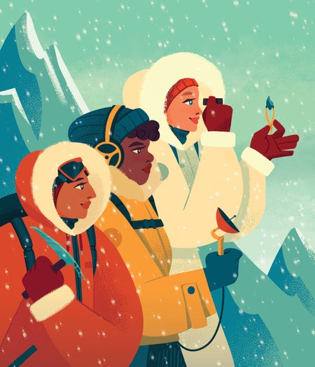 Three female scientists in Antarctica.