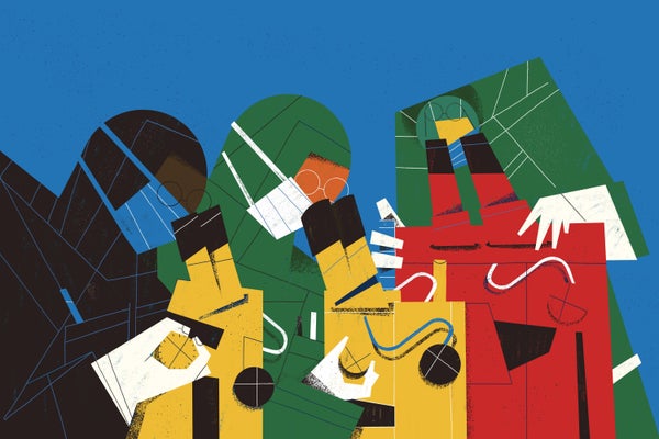 Bold, colorful artist's illustration of diverse team of scientific researchers looking into microscopes