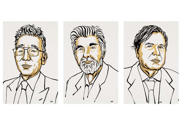 Sketches of the three winners of the 2021 Nobel Prize in Physics.