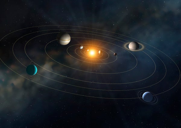 Illustration of the solar system, showing the paths of the eight major planets as they orbit the Sun, plus the asteroids and comets.