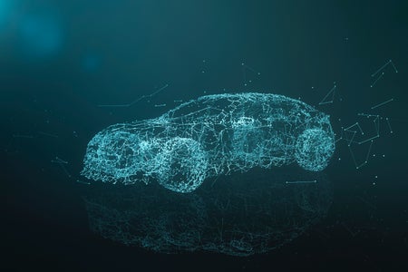 White lines and dots against a black background form the shape of a car.