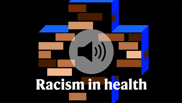 Illustration of a plus sign and a speaker icon, with the words "Racism in health" over it.