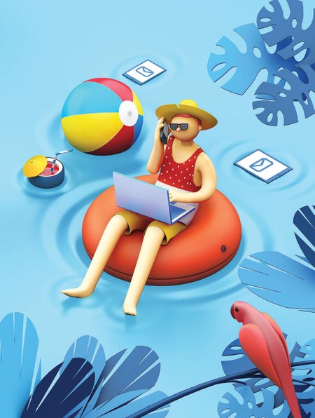 Caricature of man busy working while floating on water inflatable.