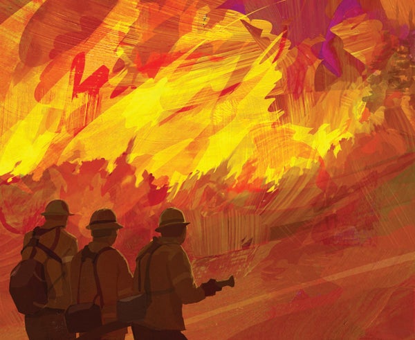 Illustration of firefighters putting amid a blaze.