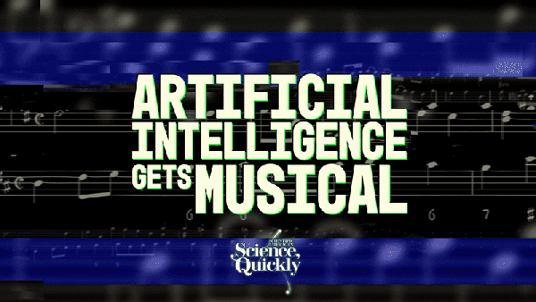 White musical notes can be seen on a black background with blue bars along with the words "artificial intelligence gets musical"