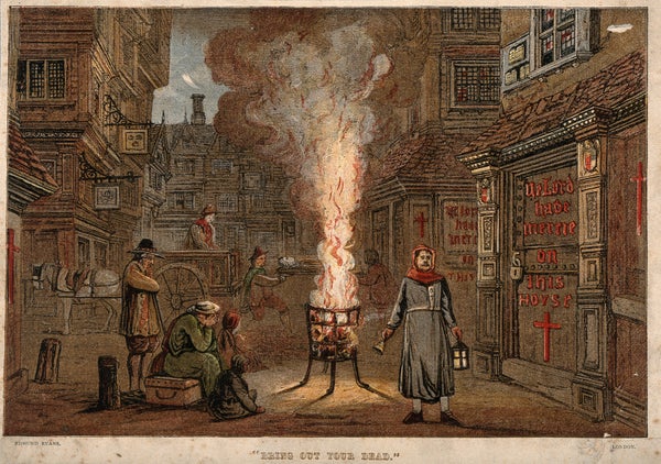 Mourners sit as a fire burns in a vessel and a cart of the dead moves past in the distance in a wood engraving of the great plague of London