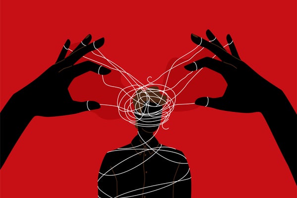Puppet master, manipulator concept of hands control mind via strings
