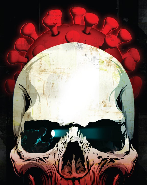 Human skull with coronavirus as background art concept.