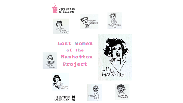 Illustrated tiles of different women's portraits with the words "Lost Women of the Manhattan Project" displayed