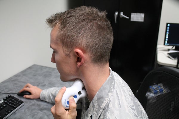 An Air Force soldier demonstrates the use of gammaCore.