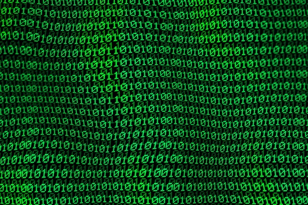 Green binary code in a 3-dimensional wave pattern on black background