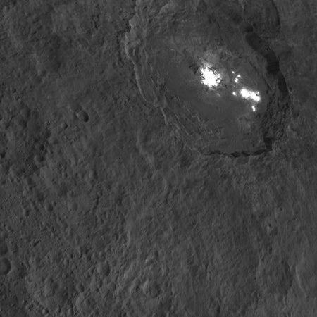 An orbital view of Occator, a crater on the dwarf planet Ceres.